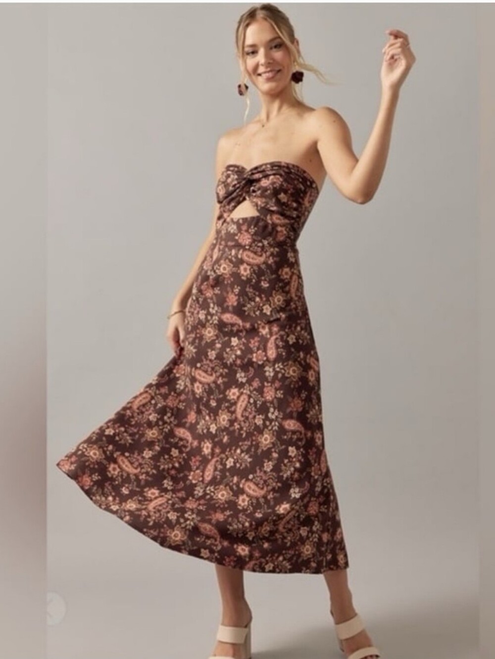 Trixxi Brown Floral Strapless Midi Dress